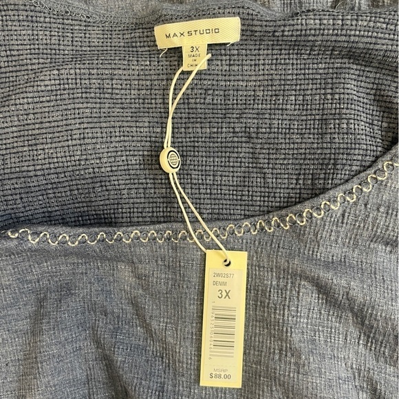 Max Studio Denim-Like Round Neck Short Ruffle Sleeve Top - Picture 7 of 8